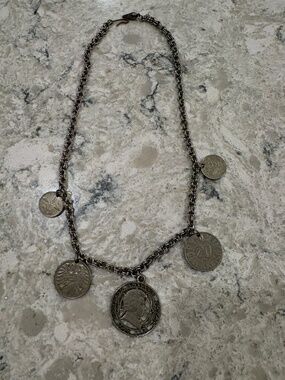 Vintage Silver Tone Coin Charm Necklace